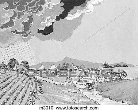 1930S Illustration Of Rural Farm Land Crops And Haystacks Farmer In Wagon Pulled By Horses Crossing Bridge Over Pastoral Stream View Large Photo Image Stock Image - 1930S Illustration Of Rural Farm Land Crops And Haystacks Farmer In Wagon Pulled By Horses Crossing Bridge Over Pastoral Stream. Fotosearch