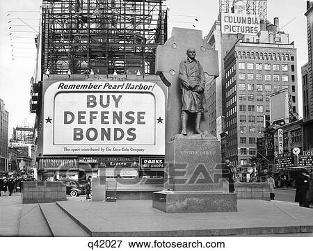 1940S Buy Defense Bonds Billboard At Statue Of Father Duffy Of The Fighting 69Th Of World War I At Times Square New York City View Large Photo Image Stock Photo - 1940S Buy Defense Bonds Billboard At Statue Of Father Duffy Of The Fighting 69Th Of World War I At Times Square New York City. Fotosearch
