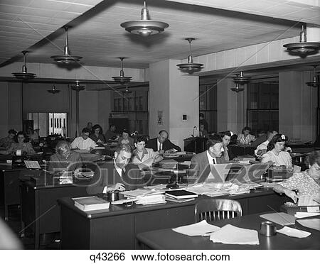 Stock Photograph - 1940S Interior Business Office Men Women Desks Accounting Department General Headquarters. Fotosearch