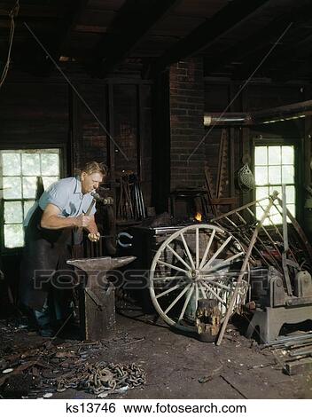 1970S Blacksmith Farrier At Anvil And Forge Hammering Horse Shoe In Shed Barn Livery Stable View Large Photo Image Stock Photograph - 1970S Blacksmith Farrier At Anvil And Forge Hammering Horse Shoe In Shed Barn Livery Stable. Fotosearch
