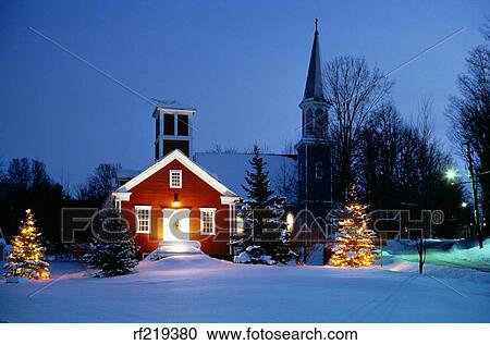 1980s Small Town Winter Snow Scene Church Building Decorated With