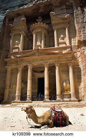 Stock Photo - 1990S Camel Resting In Front Of The Treasury Carved Into The Rock Of Petra Jordan. Fotosearch