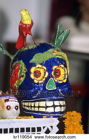 1990S Mexico Brightly Painted Skull Decorations For Day Of The Dead View Large Photo Image Picture - 1990S Mexico Brightly Painted Skull Decorations For Day Of The Dead. Fotosearch