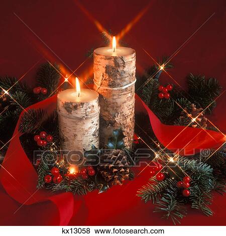 Christmas Still Life With Bark Covered Candle Holders Holly Berries Greens And Pine Cones View Large Photo Image Stock Photo - Christmas Still Life With Bark Covered Candle Holders Holly Berries Greens And Pine Cones . Fotosearch