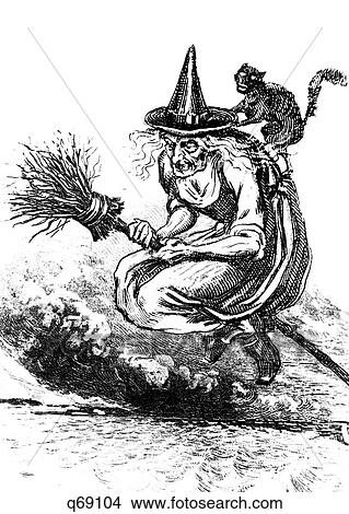 Engraving Of Ugly Old Witch Riding Broom With A Black Cat On Her Back View Large Photo Image Picture - Engraving Of Ugly Old Witch Riding Broom With A Black Cat On Her Back . Fotosearch