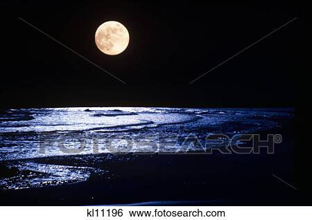 Full Moon Over Ocean Waves Stock Photograph