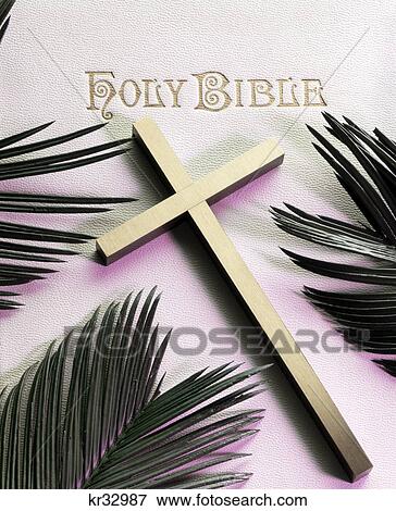 Holy Bible Gold Cross Palm Fronds Palm Sunday View Large Photo Image Stock Photo - Holy Bible Gold Cross Palm Fronds Palm Sunday . Fotosearch