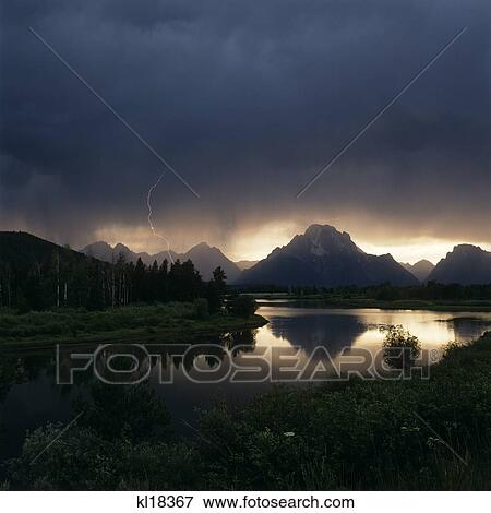 Oxbow Lake Mt. Moran Lightning At Sunset During Thunderstorm Grand Teton National Park Wyoming View Large Photo Image Stock Photo - Oxbow Lake Mt. Moran Lightning At Sunset During Thunderstorm Grand Teton National Park Wyoming . Fotosearch