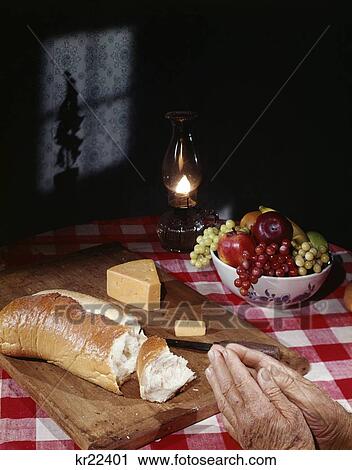 Stock Image - Prayer Hands Dinner Grace Bread Cheese Fruit Oil Lamp Meal Shadow Window . Fotosearch