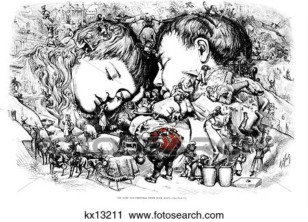 Stock Image - Thomas Nast Illustration Saint Nick And The Wonders Of Christmas Boy And Girl Dreaming Of Christmas Presents . Fotosearch
