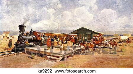 Stock Image - Union Pacific Train In Western Kansas 1870 Early Railroad Commerce Travel . Fotosearch