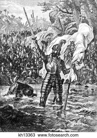 Stock Image - Vasco Nunez Balboa Claiming Possession The South Sea For Spain The Discovery Of The Pacific Ocean 1500S September 1513 . Fotosearch