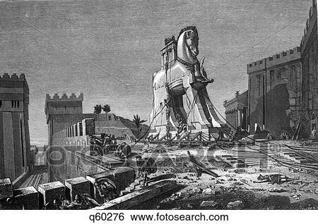 Stock Photograph - Wooden Trojan Horse At Gates Of Troy. Fotosearch