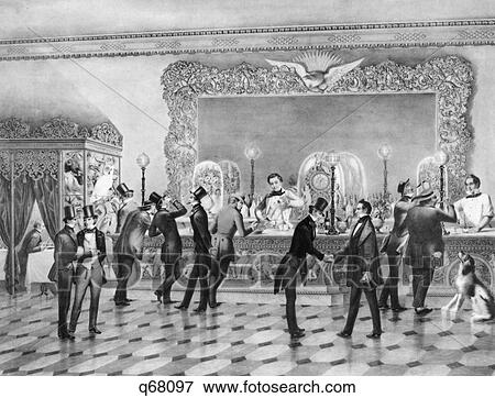 Stock Photo - 1800S 1850S Lithograph Of Bar Room Saloon Scene In New York City Titled Elegant Hospitality. Fotosearch