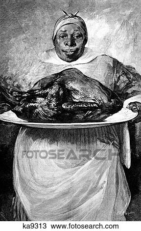 Stock Image - 1880S Illustration Of African American Woman Cook Holding Platter Of A Thanksgiving Dinner Turkey Looking At Camera. Fotosearch