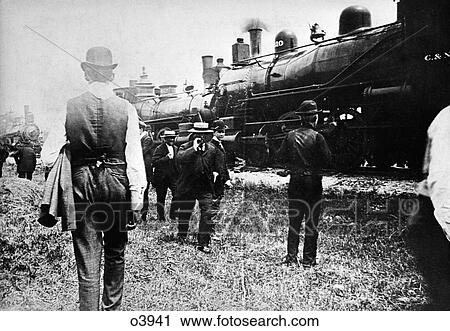 Stock Image - 1890S Turn Of Century Group Of Men Walking Standing By Railroad Train . Fotosearch