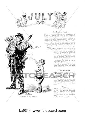 1900s イラスト 7 月 の 四分の一 男の子 照明 花火 中に 人 ポケット 届く 束 の 花火 ピクチャー Ka9314 Fotosearch