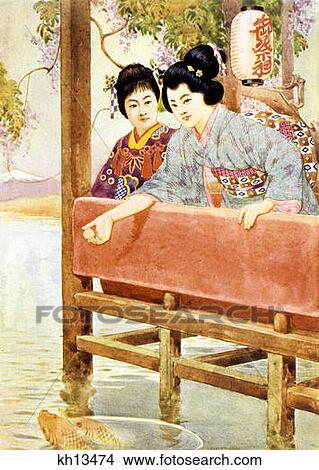 1900S 1902 Illustration Of Two Japanese Women Feeding Koi Fish From Pier Women Of World Series By Norman H. Hardy View Large Photo Image Picture - 1900S 1902 Illustration Of Two Japanese Women Feeding Koi Fish From Pier Women Of World Series By Norman H. Hardy . Fotosearch