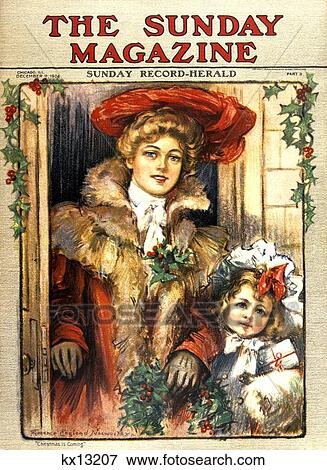 Stock Photo - 1900S 1904 Cover Sunday Magazine Woman Mother And Daughter Wearing Winter Coats Red Hats Holding Holly Wreath & Gifts . Fotosearch