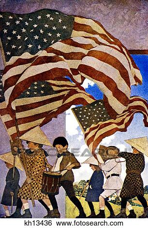 1900S 1904 Drawing By Maxfield Parrish Six Children Marching With American Flags With Trumpet And Drum Patriotic July 4Th View Large Photo Image Stock Photograph - 1900S 1904 Drawing By Maxfield Parrish Six Children Marching With American Flags With Trumpet And Drum Patriotic July 4Th . Fotosearch
