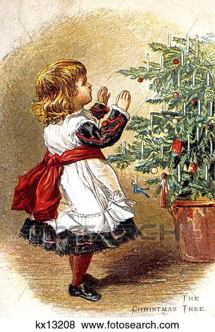 1900S Drawing Small Girl Child Looking At Christmas Tree Wearing Pinafore With Red Sash View Large Photo Image Stock Photo - 1900S Drawing Small Girl Child Looking At Christmas Tree Wearing Pinafore With Red Sash . Fotosearch