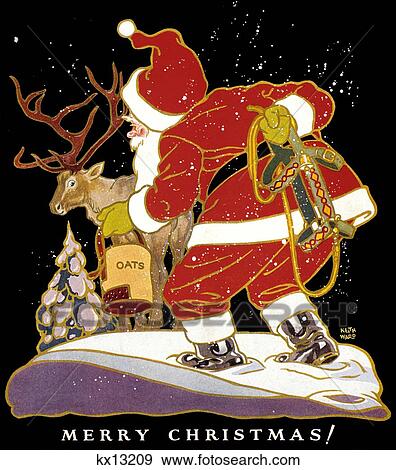1920S Drawing Of Santa Tying To Catch His Reindeer With Bag Of Oats On Christmas Eve View Large Photo Image Stock Photo - 1920S Drawing Of Santa Tying To Catch His Reindeer With Bag Of Oats On Christmas Eve . Fotosearch