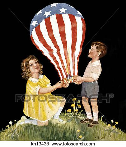 1930S 1940S Boy Girl Holding Small Hot Air Balloon Stars And Stripes Like Flag Patriotic July 4Th View Large Photo Image Stock Photo - 1930S 1940S Boy Girl Holding Small Hot Air Balloon Stars And Stripes Like Flag Patriotic July 4Th . Fotosearch
