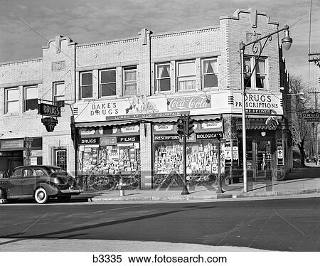 1940S Storefront Drugstore Windows Full Of Products Advertise Lunch Fountain View Large Photo Image Stock Photography - 1940S Storefront Drugstore Windows Full Of Products Advertise Lunch Fountain. Fotosearch