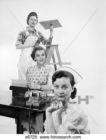 1950S Three Women One Behind The Other Various Professions Careers Nurse Secretary Plasterer Construction Worker View Large Photo Image Stock Photography - 1950S Three Women One Behind The Other Various Professions Careers Nurse Secretary Plasterer Construction Worker . Fotosearch