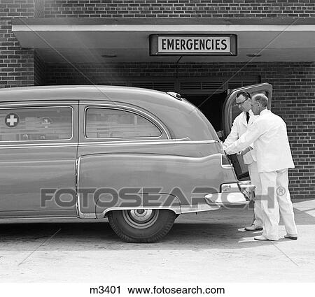 1950S Two Ambulance Drivers Emts Doctors At Rear Of Ambulance At Hospital Emergency Room Entrance View Large Photo Image Stock Image - 1950S Two Ambulance Drivers Emts Doctors At Rear Of Ambulance At Hospital Emergency Room Entrance . Fotosearch