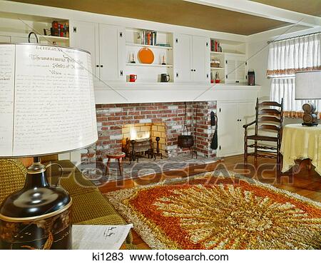 1960s Interior Of Living Room With Shag Area Rug Fireplace