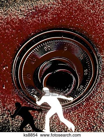 1970S Posterized Graphic Silhouette Shadow Of Running Anonymous Man Against Red & Black Combination Dial Of Safe View Large Photo Image Picture - 1970S Posterized Graphic Silhouette Shadow Of Running Anonymous Man Against Red & Black Combination Dial Of Safe . Fotosearch