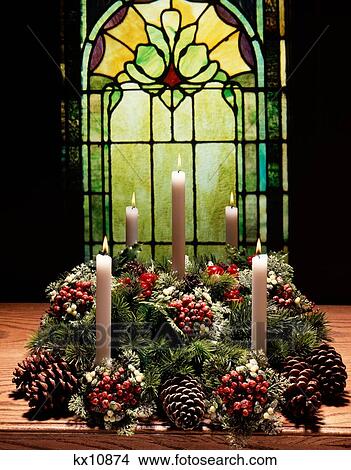 1980S Christmas Advent Wreath Of Pine Boughs Pine Cones And Red Berries In Front Of A Leaded Opaline Glass Window View Large Photo Image Picture - 1980S Christmas Advent Wreath Of Pine Boughs Pine Cones And Red Berries In Front Of A Leaded Opaline Glass Window . Fotosearch
