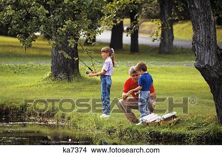 1980S Father With Son And Daughter Fishing View Large Photo Image Picture - 1980S Father With Son And Daughter Fishing . Fotosearch