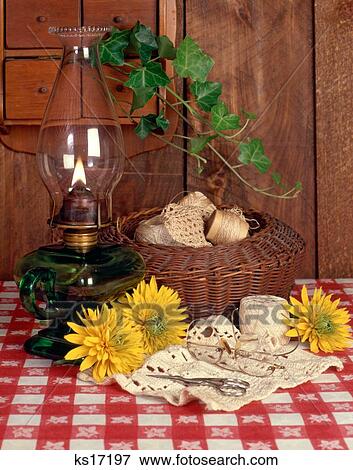 Antique Oil Hurricane Lamp Basket Scissors Crochet Threads View Large Photo Image Stock Photo - Antique Oil Hurricane Lamp Basket Scissors Crochet Threads . Fotosearch
