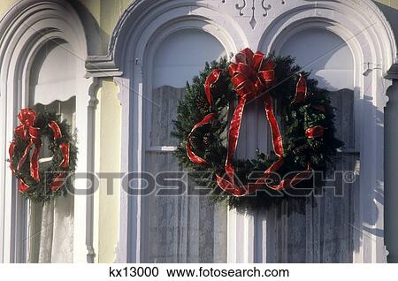 Christmas Wreaths With Red Bow On Windows View Large Photo Image Stock Image - Christmas Wreaths With Red Bow On Windows . Fotosearch