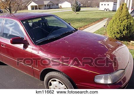 Stock Image - Hail Damage On Roof And Hood Of Car . Fotosearch