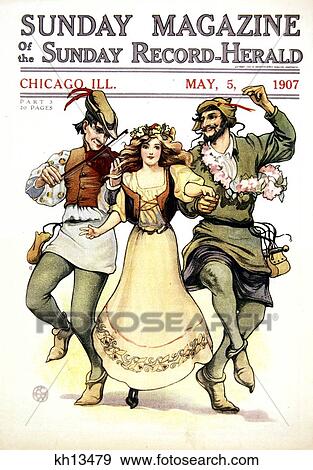 Stock Photo - Illustration Of Medieval May Day Folk Dancers Woman Two Men From May 1907 Chicago Sunday Magazine . Fotosearch