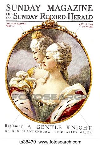 Stock Photo - 1790S 1700S Two Women Wearing Styles Late 18Th Century Powdered Wigs Ermine Fur In Gold Frame With Royal Crown. Fotosearch