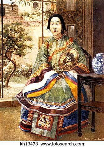Stock Image - 1900S 1902 Illustration Of Chinese Woman Wearing Colorful Native Dress Holding Fan Women Of World Series By Norman H. Hardy. Fotosearch