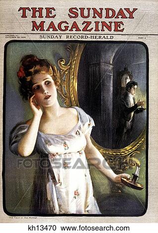 Stock Image - 1900S 1904 Woman With Candle Sees Man In Mirror Mystery. Fotosearch
