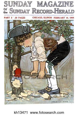 Stock Image - 1900S 1908 George Washington As Child Chopping Down A Cherry Tree. Fotosearch