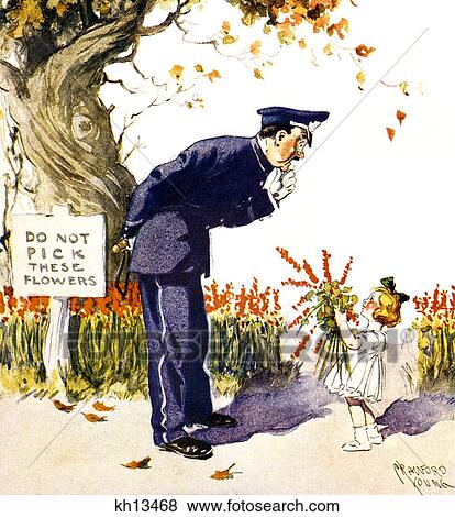 1900S 1910S Little Girl Handing Bouquet To Policeman By Do Not Pick Flowers Sign View Large Photo Image Stock Photo - 1900S 1910S Little Girl Handing Bouquet To Policeman By Do Not Pick Flowers Sign. Fotosearch