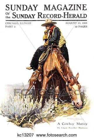 1900S Sunday Magazine Cover Lone Cowboy Sitting Resting On Horse Wearing Wooly Chaps View Large Photo Image Stock Photo - 1900S Sunday Magazine Cover Lone Cowboy Sitting Resting On Horse Wearing Wooly Chaps. Fotosearch