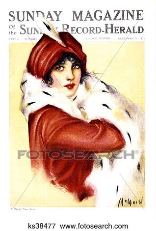 1910S Portrait Woman Looking At Camera Wearing Red Hat & Coat With Ermine Fur Collar & Muff Cover Sunday Magazine December 1913 View Large Photo Image Stock Photo - 1910S Portrait Woman Looking At Camera Wearing Red Hat & Coat With Ermine Fur Collar & Muff Cover Sunday Magazine December 1913. Fotosearch