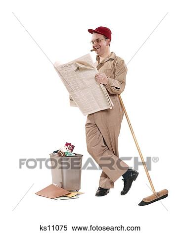 Stock Photography - 1970S Janitor Maintenance Man Leaning On Broom Reading Wall Street Journal Smoking Cigar Smiling Wearing Red Cap . Fotosearch