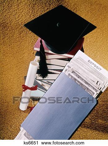 Stock Image - 1970S Symbolic Graduation Cap Books Degree And Bank Savings Account Passbook Still Life . Fotosearch