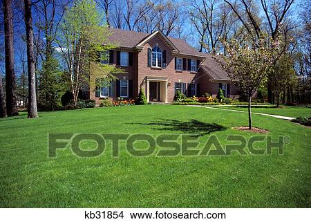 Brick House With Landscaped Lawn View Large Photo Image Picture - Brick House With Landscaped Lawn. Fotosearch