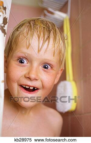 Smiling Wide-Eyed Boy Sticking His Wet Head Out Of Shower View Large Photo Image Stock Photography - Smiling Wide-Eyed Boy Sticking His Wet Head Out Of Shower. Fotosearch