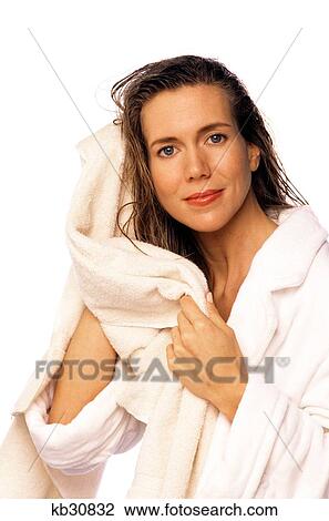 Woman In Robe Drying Her Hair Close-Up View Large Photo Image Stock Image - Woman In Robe Drying Her Hair Close-Up. Fotosearch